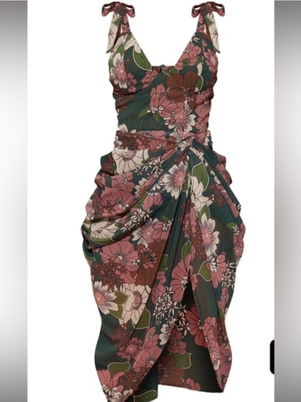 PrettyLittleThing Green and Pink Floral Tie-Shoulder Underwire Midi Dress